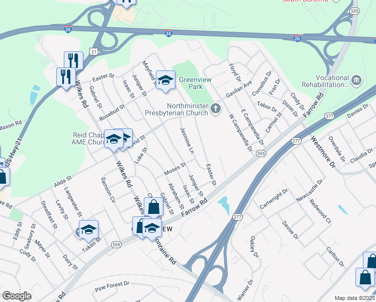 map of restaurants, bars, coffee shops, grocery stores, and more near 416 Jasmine Lane in Columbia