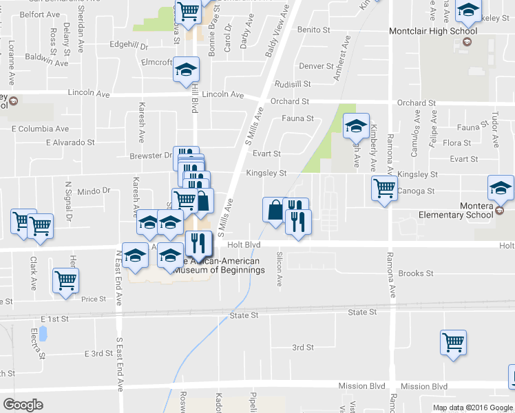 map of restaurants, bars, coffee shops, grocery stores, and more near 10390 Pradera Avenue in Montclair
