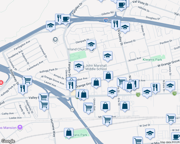 map of restaurants, bars, coffee shops, grocery stores, and more near 993 Saed Street in Pomona