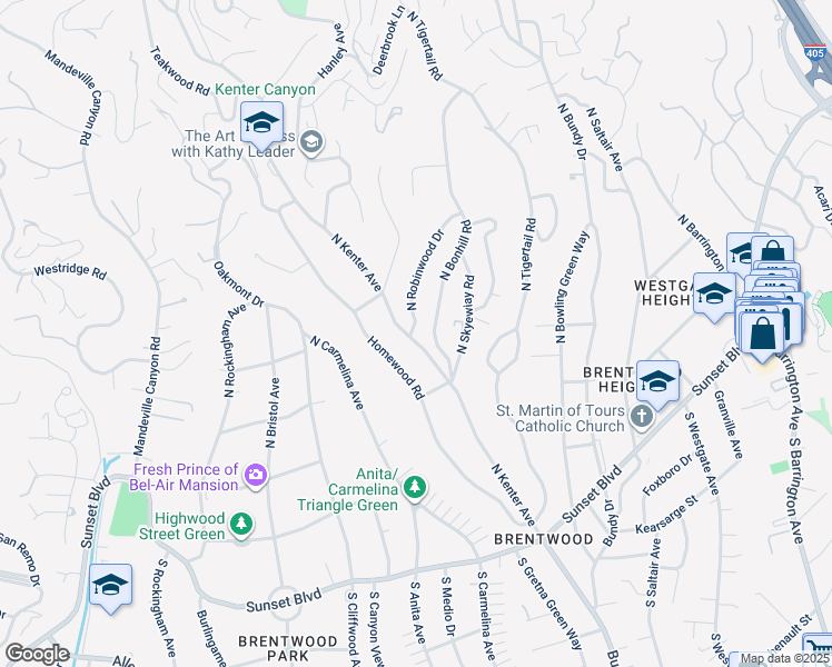 map of restaurants, bars, coffee shops, grocery stores, and more near 366 North Kenter Avenue in Los Angeles