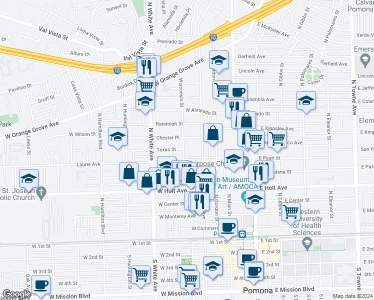 map of restaurants, bars, coffee shops, grocery stores, and more near 748 Wisconsin Street in Pomona