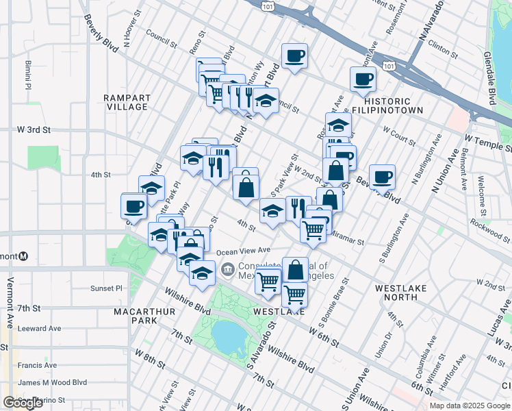 map of restaurants, bars, coffee shops, grocery stores, and more near 2411 West 3rd Street in Los Angeles