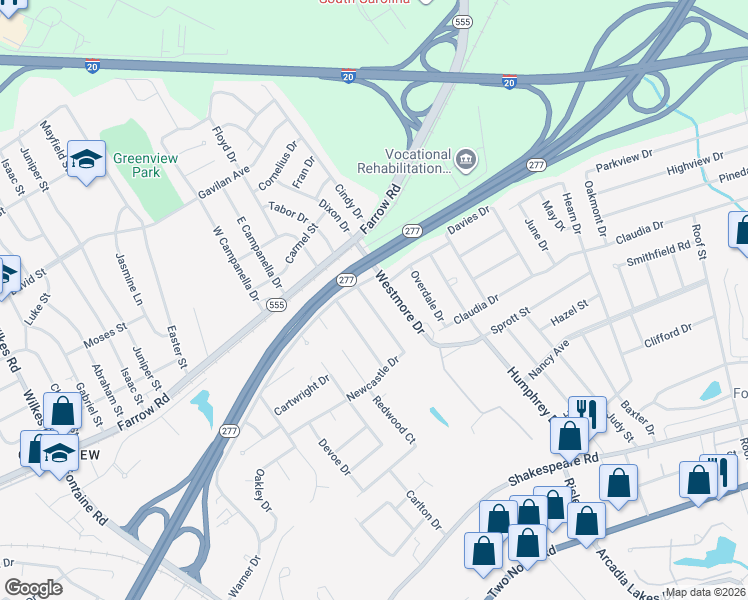map of restaurants, bars, coffee shops, grocery stores, and more near 134 Newcastle Drive in Columbia