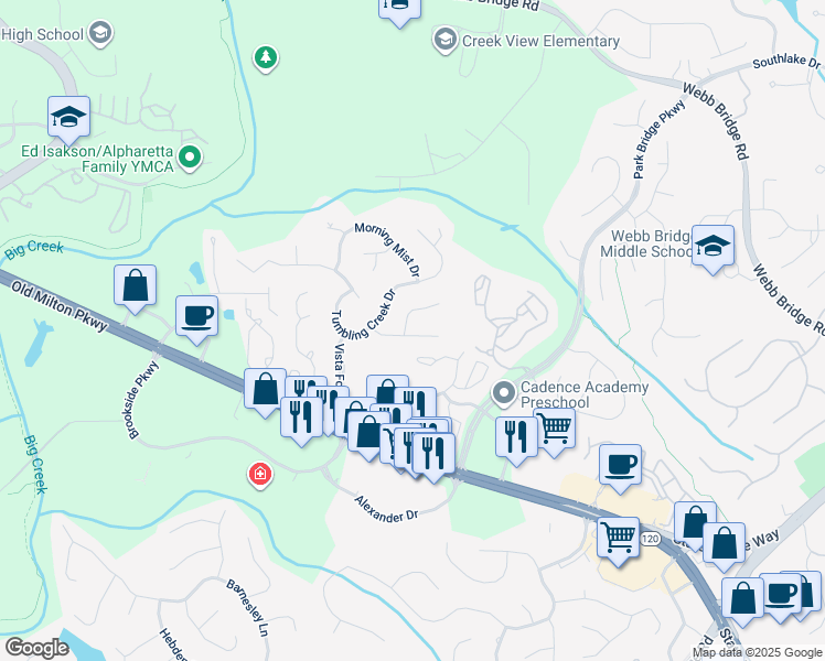 map of restaurants, bars, coffee shops, grocery stores, and more near 840 Highmeade Drive in Alpharetta