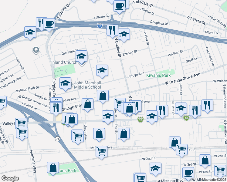 map of restaurants, bars, coffee shops, grocery stores, and more near 956 Ericksen Drive in Pomona