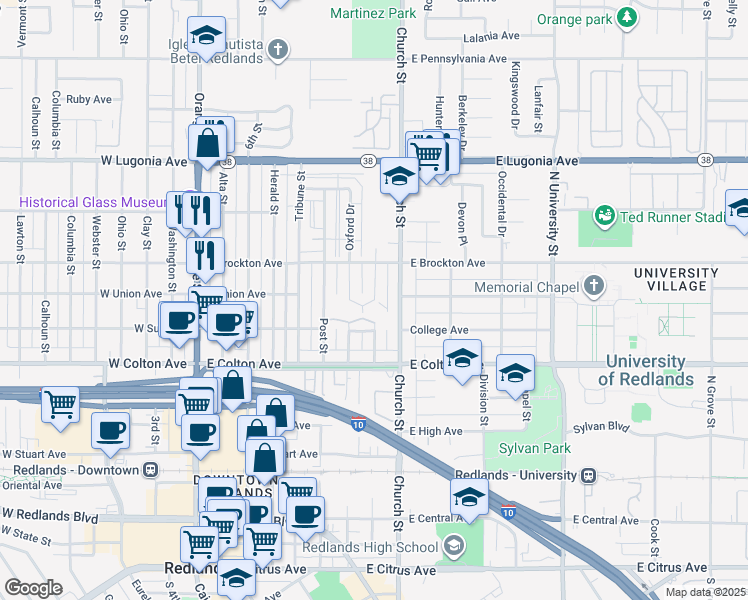 map of restaurants, bars, coffee shops, grocery stores, and more near Lombard Drive in Redlands