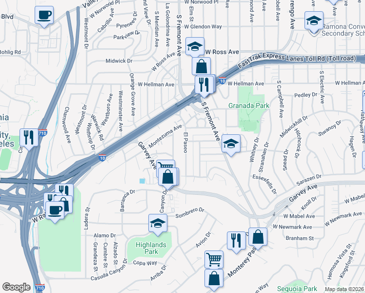 map of restaurants, bars, coffee shops, grocery stores, and more near 2423 El Paseo in Alhambra