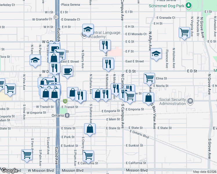 map of restaurants, bars, coffee shops, grocery stores, and more near 602 East Nocta Street in Ontario