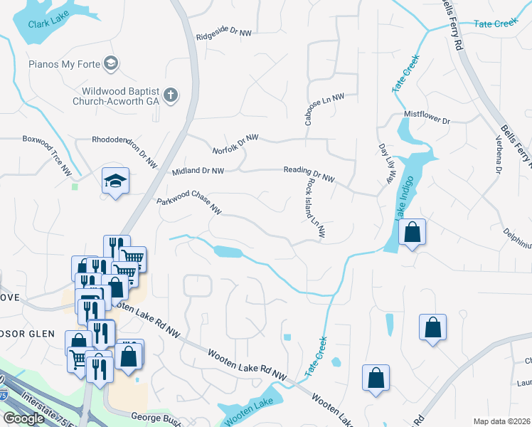 map of restaurants, bars, coffee shops, grocery stores, and more near 1257 Westover Trace Northwest in Acworth