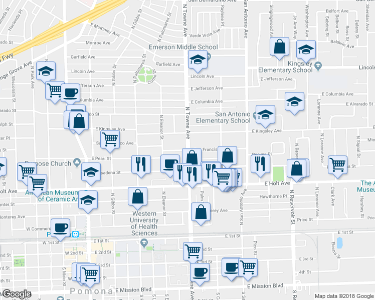 map of restaurants, bars, coffee shops, grocery stores, and more near North Towne Avenue & San Francisco Avenue in Pomona