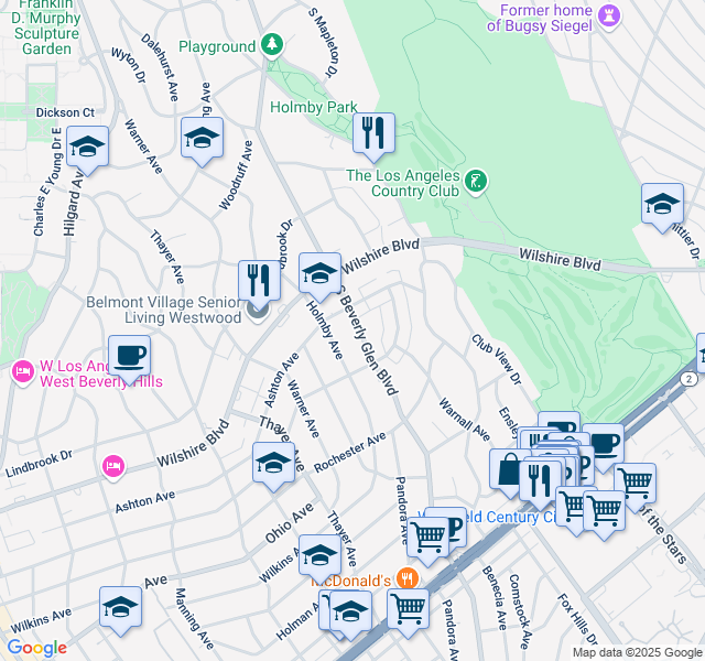 map of restaurants, bars, coffee shops, grocery stores, and more near 1253 South Beverly Glen Boulevard in Los Angeles