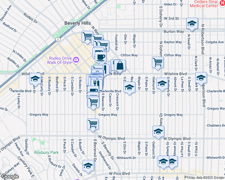 map of restaurants, bars, coffee shops, grocery stores, and more near 9381 Charleville Boulevard in Beverly Hills