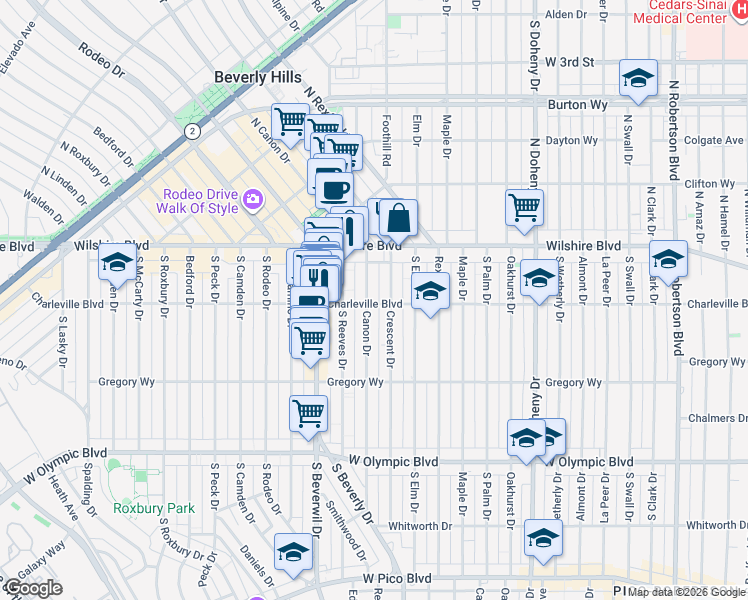 map of restaurants, bars, coffee shops, grocery stores, and more near 9381 Charleville Boulevard in Beverly Hills