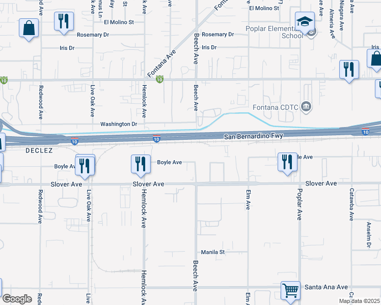 map of restaurants, bars, coffee shops, grocery stores, and more near 15278 Boyle Avenue in Fontana