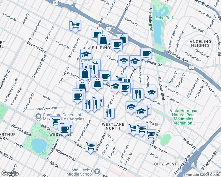 map of restaurants, bars, coffee shops, grocery stores, and more near 1850 Beverly Boulevard in Los Angeles