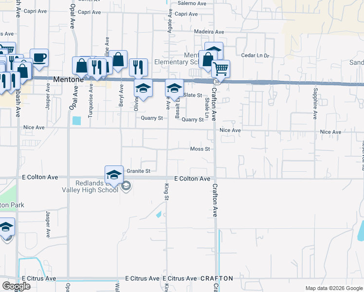 map of restaurants, bars, coffee shops, grocery stores, and more near 10459 Gold Banner Drive in Mentone