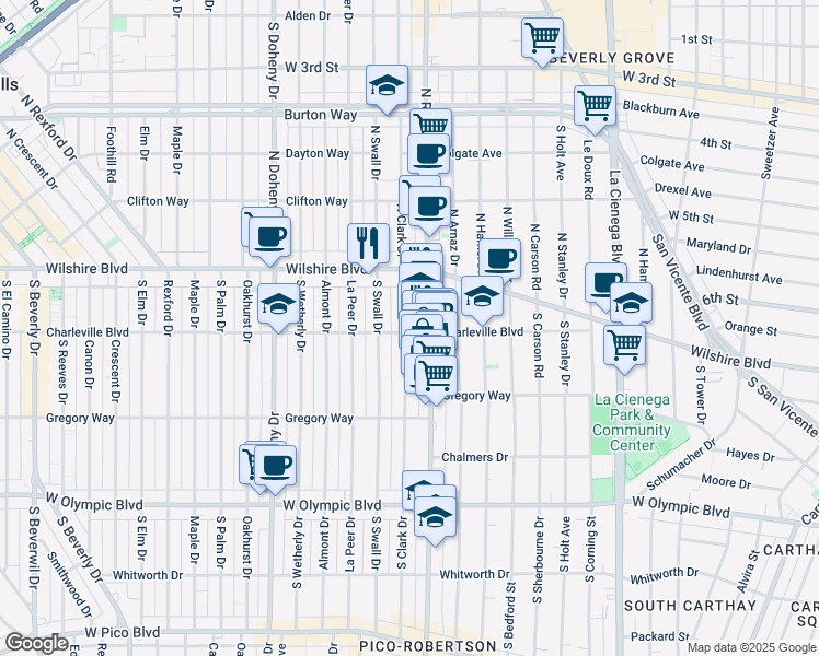 map of restaurants, bars, coffee shops, grocery stores, and more near 156 South Clark Drive in Beverly Hills