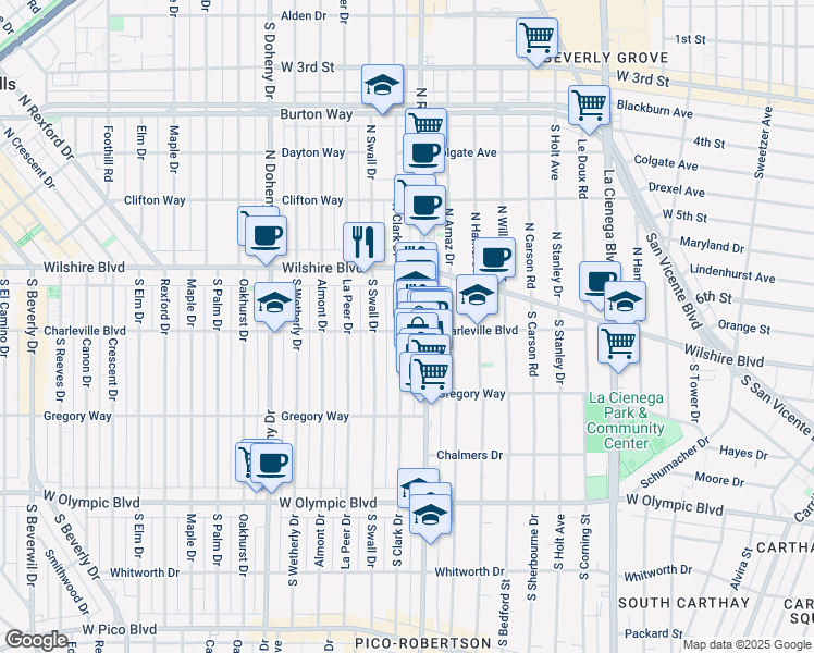 map of restaurants, bars, coffee shops, grocery stores, and more near 1566 South Clark Drive in Beverly Hills