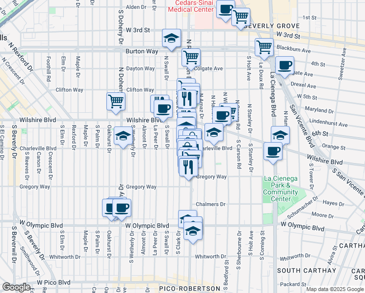 map of restaurants, bars, coffee shops, grocery stores, and more near 156 South Clark Drive in Beverly Hills
