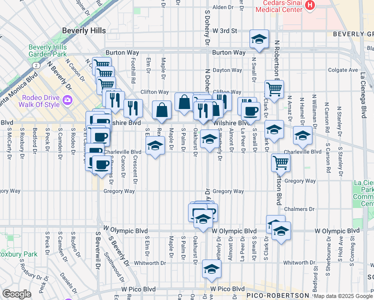 map of restaurants, bars, coffee shops, grocery stores, and more near 183 South Palm Drive in Los Angeles