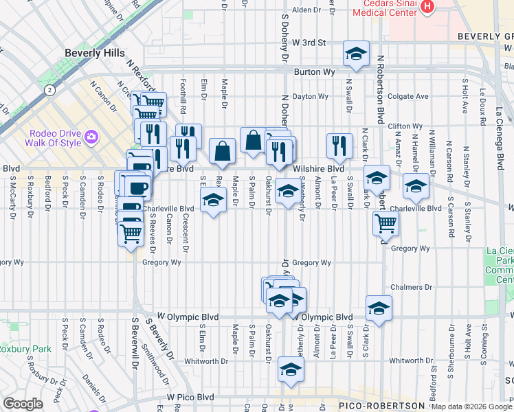 map of restaurants, bars, coffee shops, grocery stores, and more near 9191 Charleville Boulevard in Beverly Hills