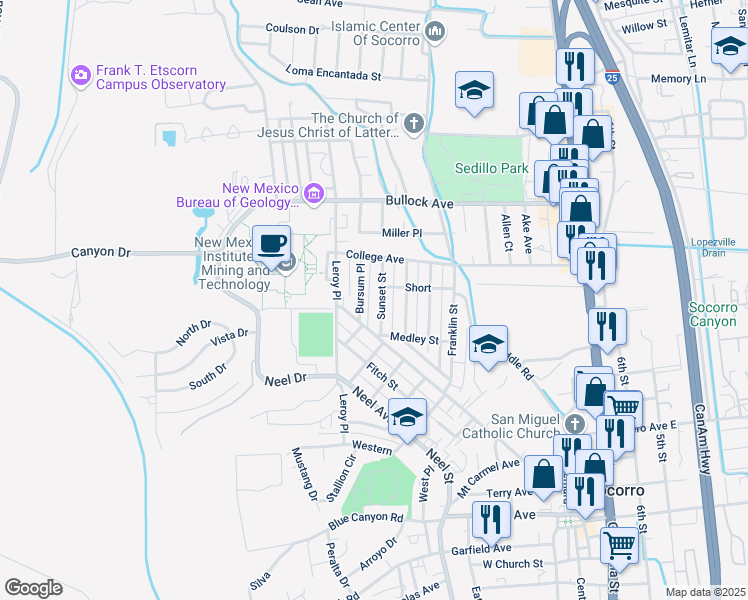 map of restaurants, bars, coffee shops, grocery stores, and more near 713 Sunset Street in Socorro