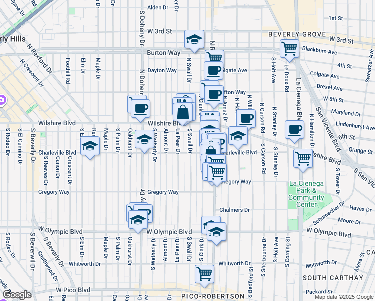 map of restaurants, bars, coffee shops, grocery stores, and more near 157 South Swall Drive in Beverly Hills