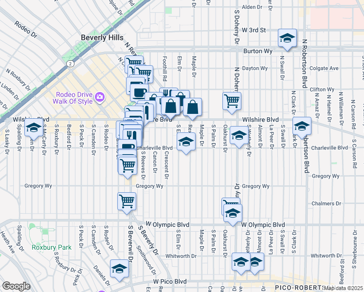 map of restaurants, bars, coffee shops, grocery stores, and more near 159 South Elm Drive in Beverly Hills