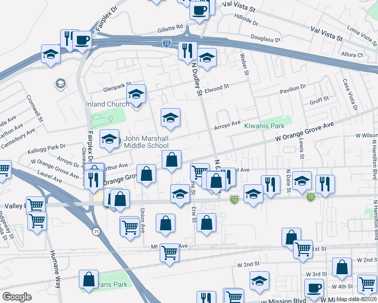 map of restaurants, bars, coffee shops, grocery stores, and more near 956 Ericksen Drive in Pomona
