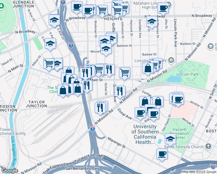 map of restaurants, bars, coffee shops, grocery stores, and more near 1836 Sichel Street in Los Angeles