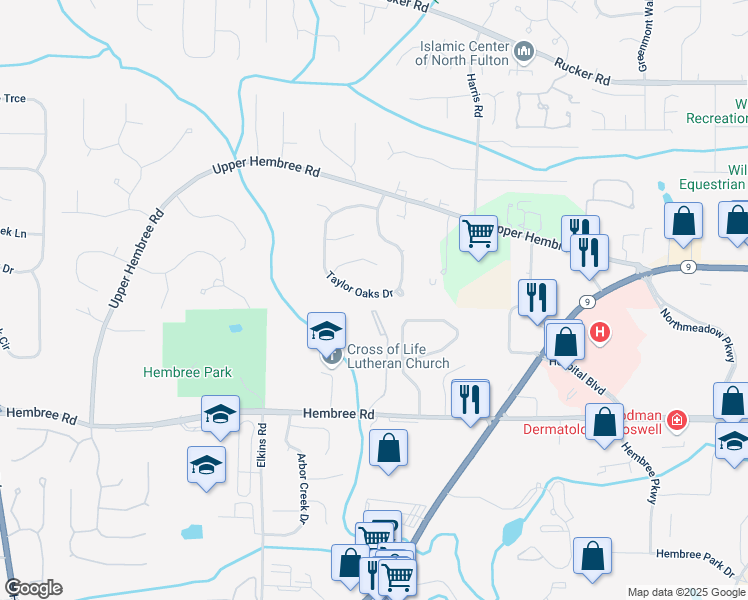 map of restaurants, bars, coffee shops, grocery stores, and more near 1200 Taylor Oaks Drive in Roswell