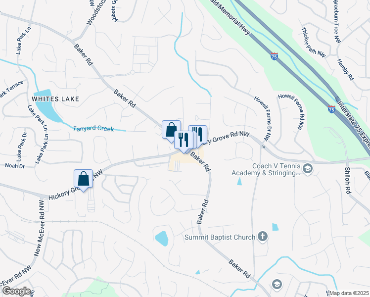map of restaurants, bars, coffee shops, grocery stores, and more near Hickory Grove Rd NW & Baker Rd in Acworth