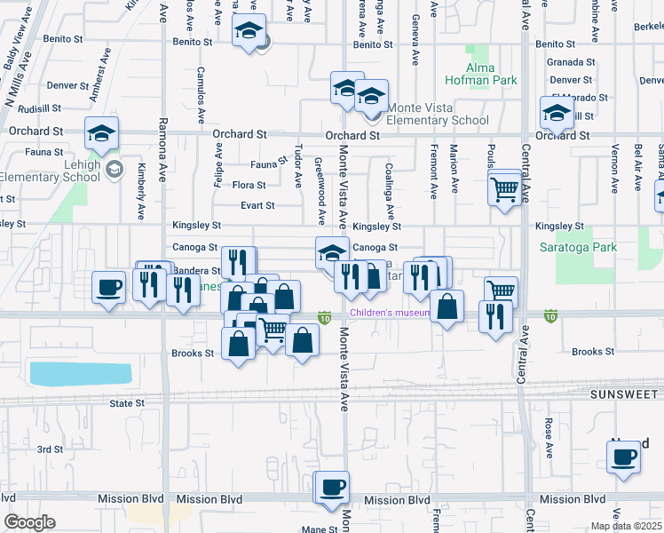 map of restaurants, bars, coffee shops, grocery stores, and more near 4860 Bandera Street in Montclair