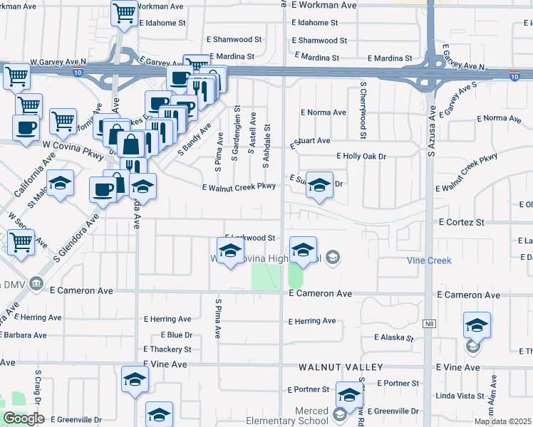map of restaurants, bars, coffee shops, grocery stores, and more near 528 South Avington Avenue in West Covina