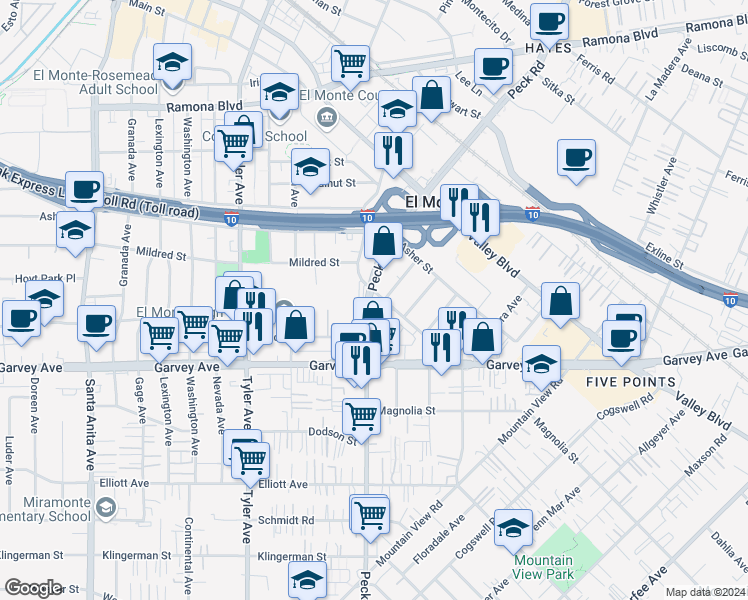 map of restaurants, bars, coffee shops, grocery stores, and more near 3116 Peck Road in El Monte