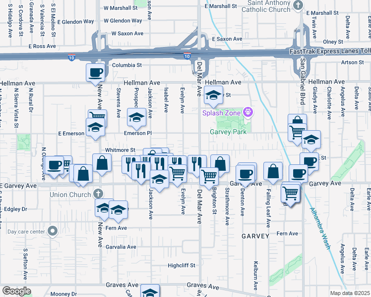 map of restaurants, bars, coffee shops, grocery stores, and more near 3116 Evelyn Avenue in Rosemead