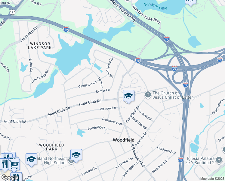 map of restaurants, bars, coffee shops, grocery stores, and more near 7912 Exeter Lane in Columbia