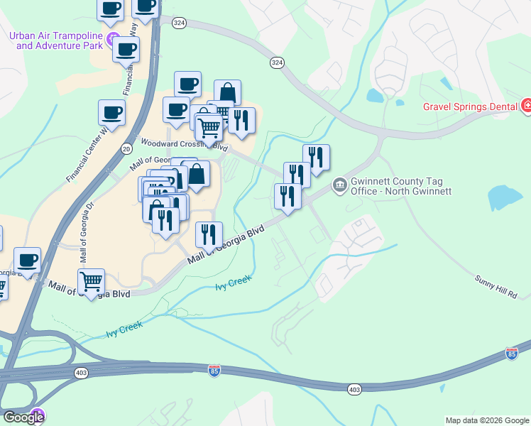map of restaurants, bars, coffee shops, grocery stores, and more near 2620 Mall of Georgia Boulevard in Buford