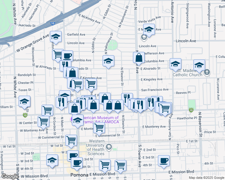 map of restaurants, bars, coffee shops, grocery stores, and more near 428 San Francisco Avenue in Pomona