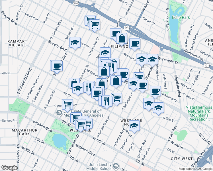 map of restaurants, bars, coffee shops, grocery stores, and more near 152 South Mountain View Avenue in Los Angeles