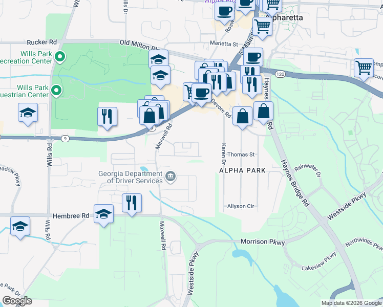 map of restaurants, bars, coffee shops, grocery stores, and more near 1310 Kilmington Court in Alpharetta
