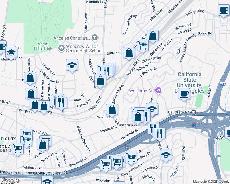 map of restaurants, bars, coffee shops, grocery stores, and more near 1951 N Marianna Ave in Los Angeles