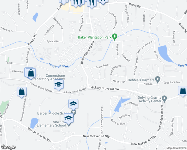map of restaurants, bars, coffee shops, grocery stores, and more near 4440 Grove Drive Northwest in Acworth