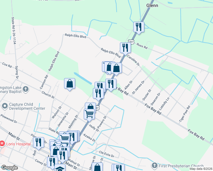 map of restaurants, bars, coffee shops, grocery stores, and more near 261 U.S. 701 Highway in Loris
