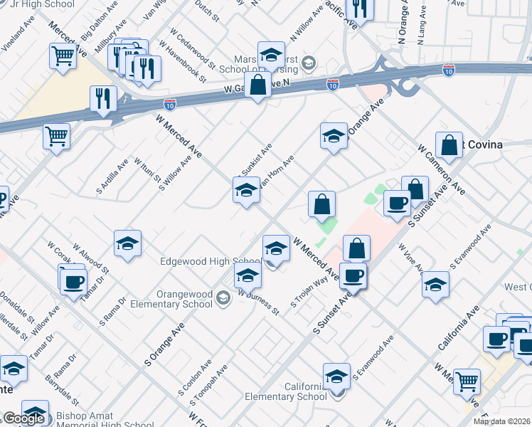 map of restaurants, bars, coffee shops, grocery stores, and more near 1826 West Merced Avenue in West Covina