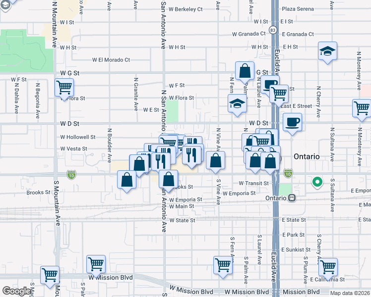 map of restaurants, bars, coffee shops, grocery stores, and more near 618 West Vesta Street in Ontario