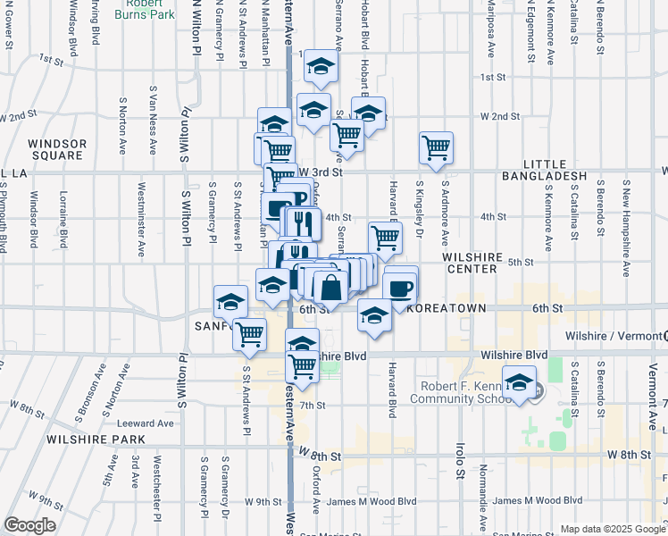 map of restaurants, bars, coffee shops, grocery stores, and more near 508 South Serrano Avenue in Los Angeles