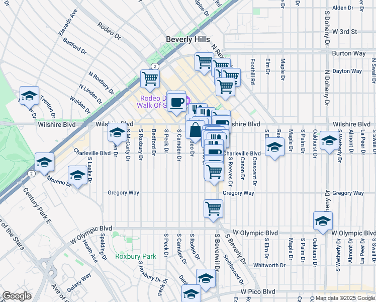 map of restaurants, bars, coffee shops, grocery stores, and more near 208 South Rodeo Drive in Beverly Hills