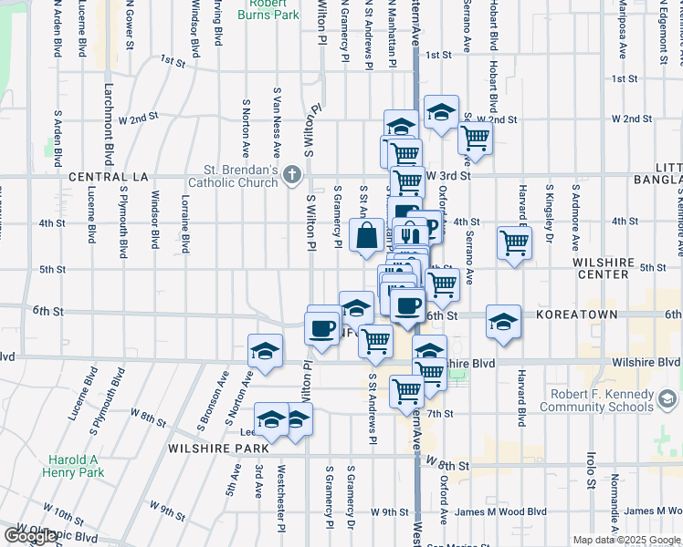 map of restaurants, bars, coffee shops, grocery stores, and more near 500 South Gramercy Place in Los Angeles