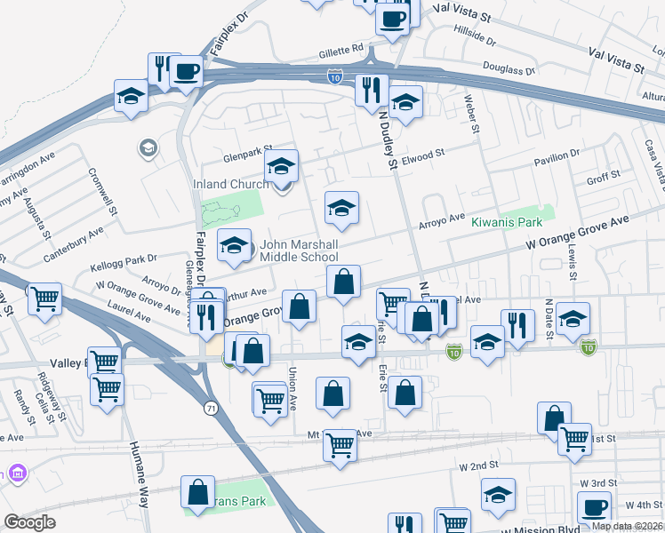 map of restaurants, bars, coffee shops, grocery stores, and more near 934 Glen Avenue in Pomona
